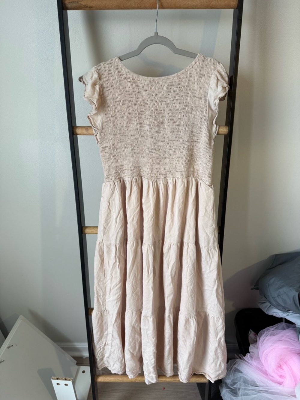Light Blush Tiered Smocked Midi Dress